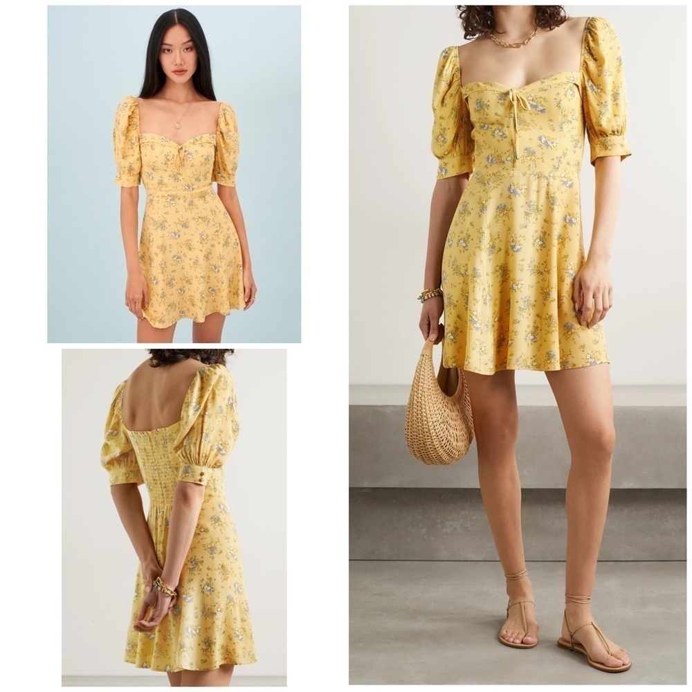 NWT Reformation Felicity Lillet Bow-embellished Floral Georgette Mini Dress 4 S 